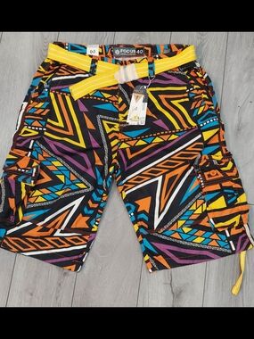 Men’s Multicolor Geo-Print Swim Board Shorts with Yellow Belt